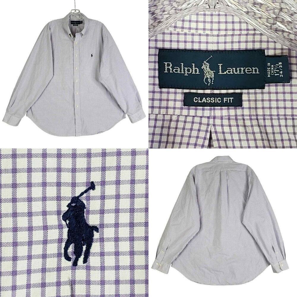 Polo Ralph Lauren Shirt Oxford Button Down LS Mens Size 17.5 XL Plaid Purple
